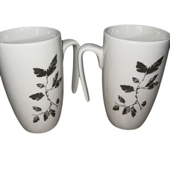 Set Of 2  White Leaf Print Coffee Mugs - Picture 1 of 6